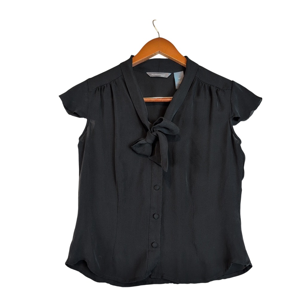 100% Silk Hillard & Hanson Sz 4P Petite Black Tie Neck Top Flutter Sleeve Office